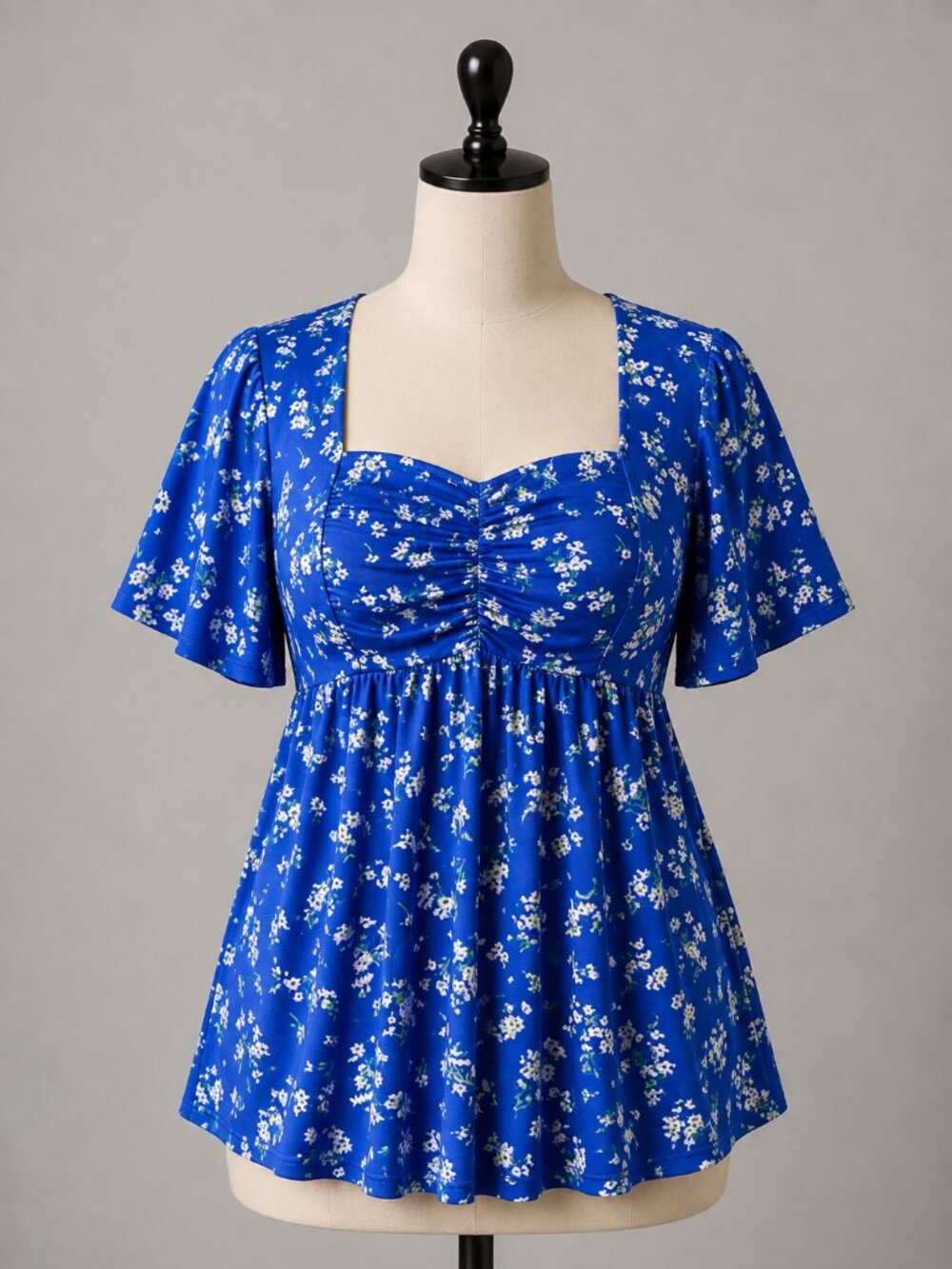 Blue Floral Blouse Sweetheart Neck Short Sleeve Empire Waist Babydoll XL Plus